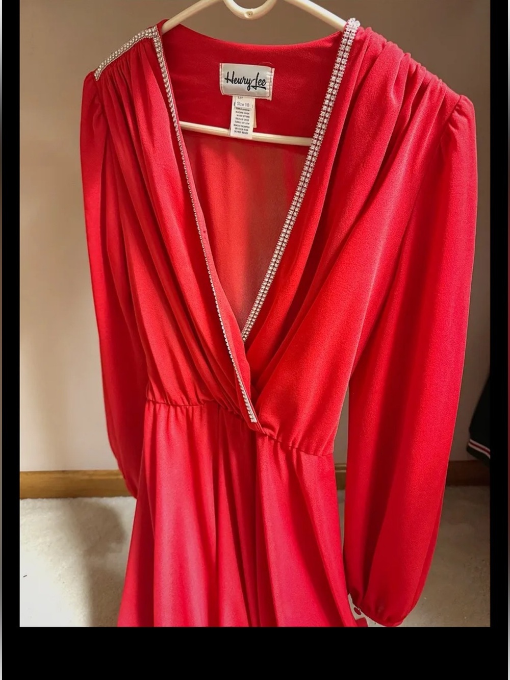 Vintage Henry Lee Red Long-Sleeve V-Neck Dress with Rhinestone Trim